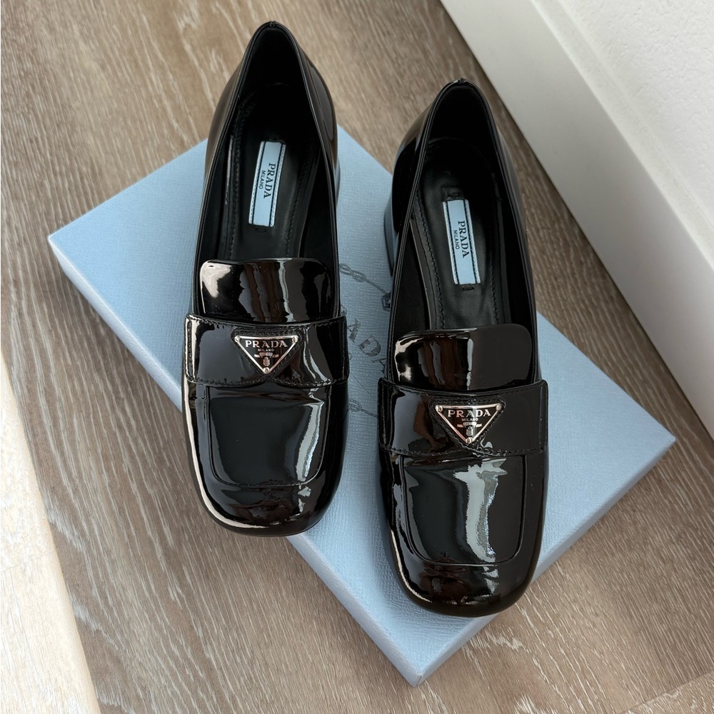 Prada Black Patent Leather Loafers with Silver Logo